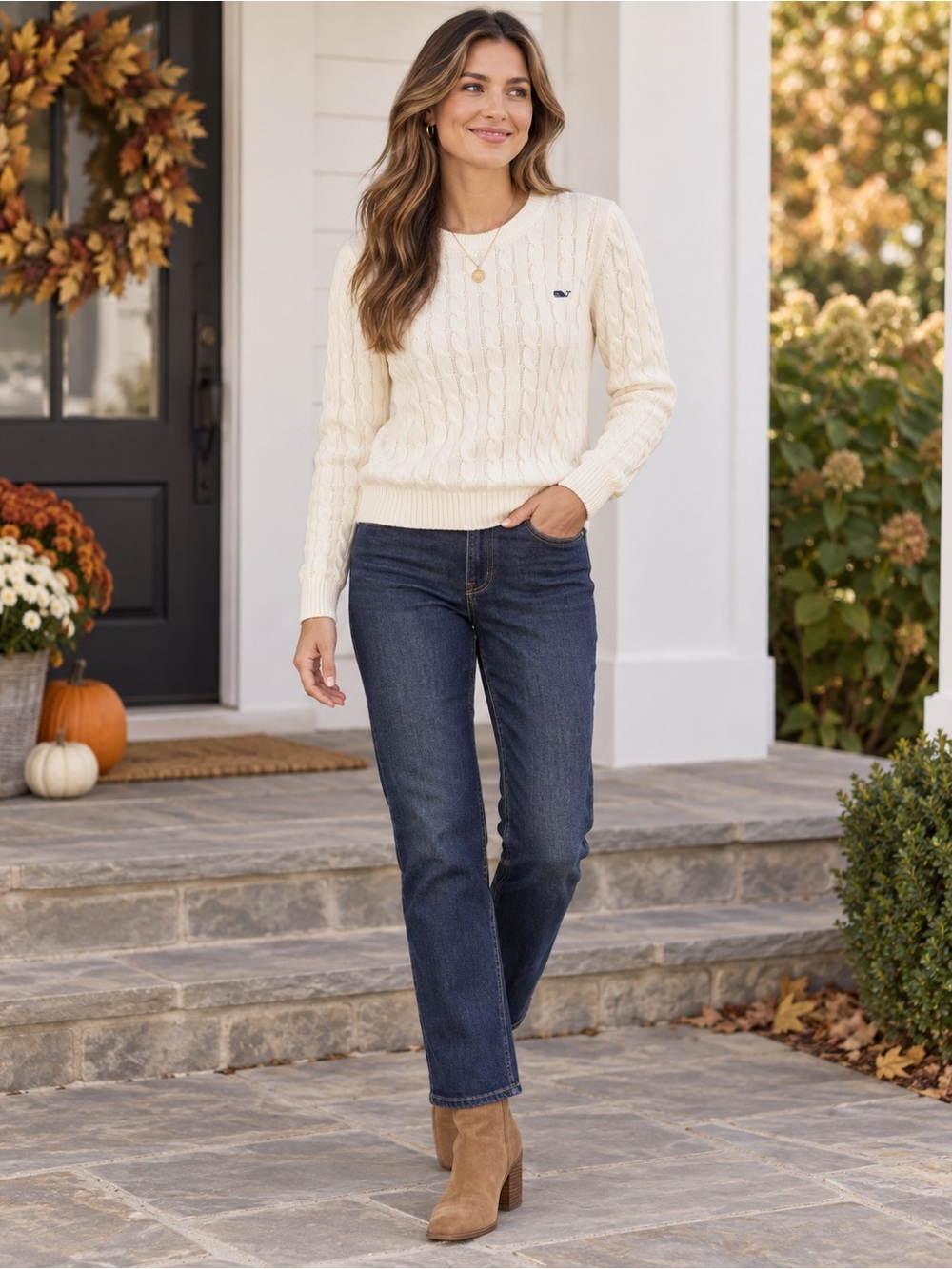 Vineyard Vines Ivory Cable Knit Cotton Sweater Large Whale Logo NWOT